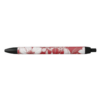 Stylo Noir Motif de fleurs botaniques rouges et blanches