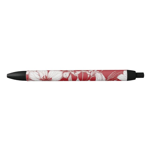 Stylo Noir Motif de fleurs botaniques rouges et blanches (Devant)