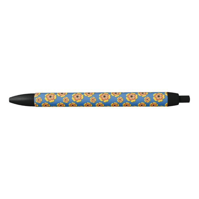 Stylo Noir Motif de fleurs orange jaune (Devant)