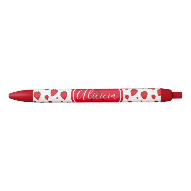 Stylo Noir Motif de fraises Rouge Nom blanc initial (Devant)
