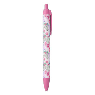 Stylo Noir Motif de licornes et de roses