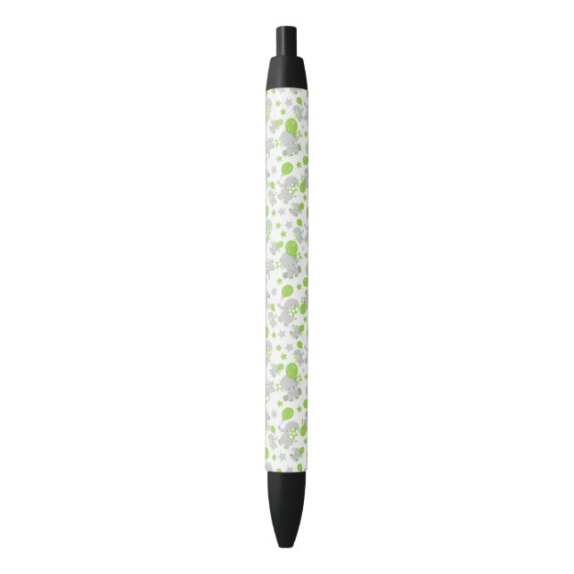 Stylo Noir Motif Des Eléphants, Eléphants Mignons - Grey Vert (devant Vertical)