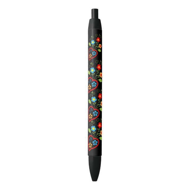 Stylo Noir Motif du coeur populaire portugais en fleurs (devant Vertical)