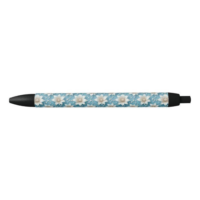 Stylo Noir Motif Élégant de Fleurs Blanches avec Perles (Devant)