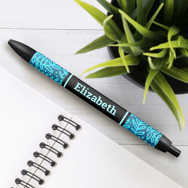 Stylo Noir Motif feuille Turquoise nom personnalisé moderne (Créateur téléchargé)