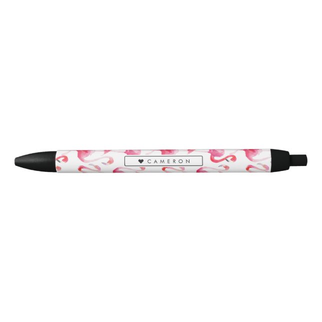 Stylo Noir Motif Flamingo rose aquarelle personnalisé (Devant)