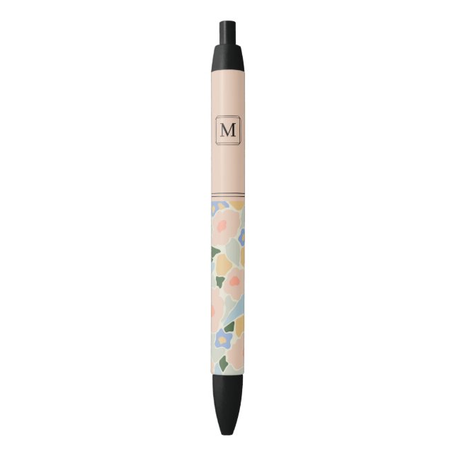 Stylo Noir Motif fleur rose pastel bleu clair Monogramme (devant Vertical)