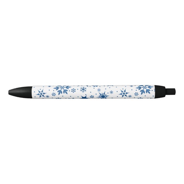 Stylo Noir Motif Flocon de Neige Bleu (Devant)