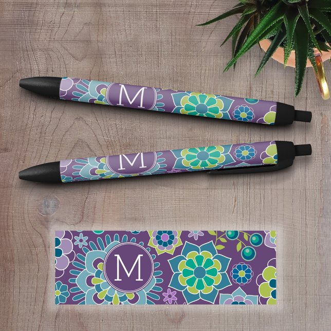 Stylo Noir Motif floral coloré amusant Monogramme personnalis (Custom Pen - Personalize this writing pen with your name, monogram or other text)