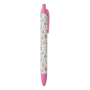 Stylo Noir Motif floral d'art populaire turquoise et de