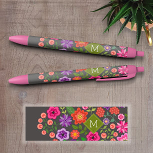 Stylo Noir Motif floral gris tendance avec Monogramme personn