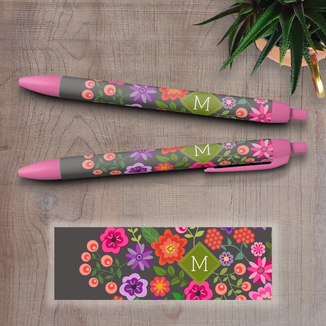 Stylo Noir Motif floral gris tendance avec Monogramme personn (Personalized Writing Pens - add your name, monogram or other text)