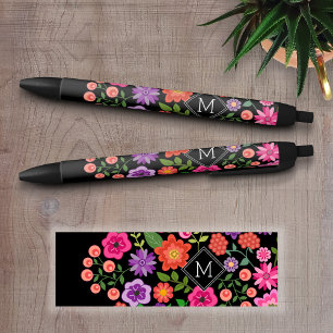 Stylo Noir Motif floral noir tendance avec Monogramme personn