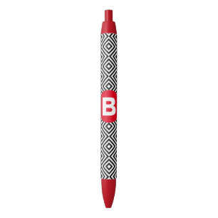 Stylo Noir Motif géométrique noir et blanc Monogramme rouge
