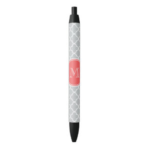 Stylo Noir Motif gris de Quatrefoil, monogramme de corail