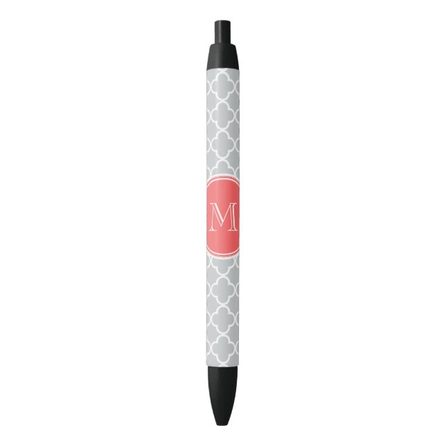 Stylo Noir Motif gris de Quatrefoil, monogramme de corail (devant Vertical)