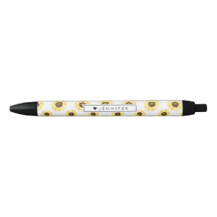 Stylo Noir Motif jaune de tournesols personnalisé