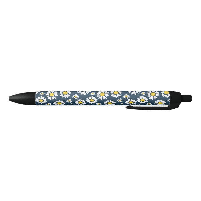 Stylo Noir Motif marguerrier, motif floral, marguerites blanc (Bas)