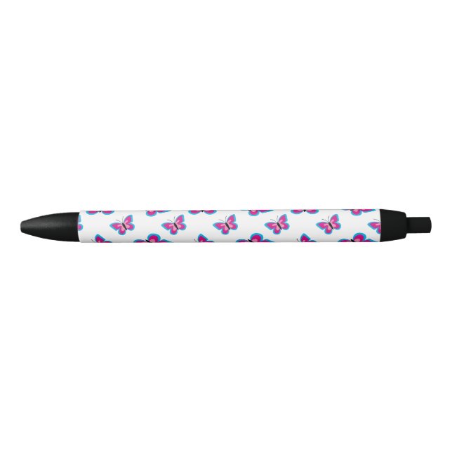 Stylo Noir Motif papillon rose bleu (Devant)