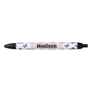 Stylo Noir Motif papillon rose bleu Ajouter Votre Nom