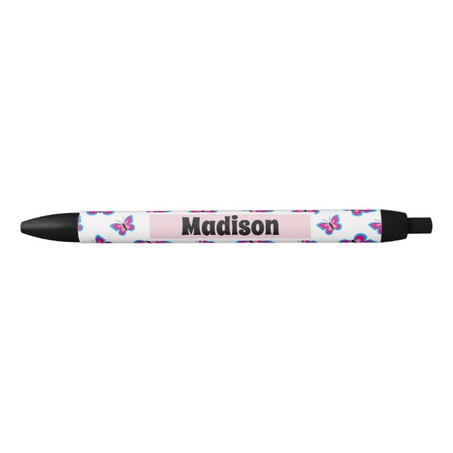 Stylo Noir Motif papillon rose bleu | Ajouter Votre Nom (Devant)