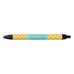 Stylo Noir Motif Pois Orange et Aqua personnalisé