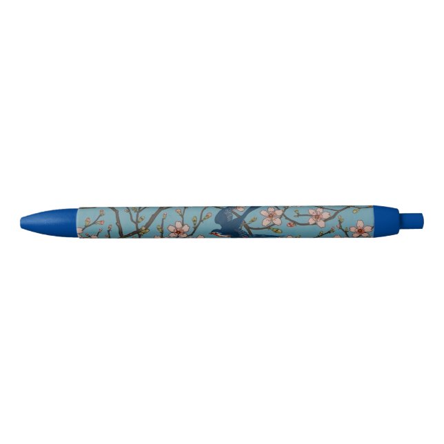 Stylo Noir Motif rétro à fleurs bleues d'hirondelles par Walt (Devant)