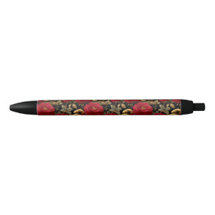 Stylo Noir Motif Roses Rouges et Serpents Dorés