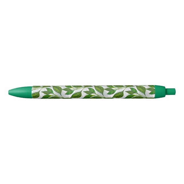 Stylo Noir Motif sans couture avec Feuilles de thé vert (Devant)