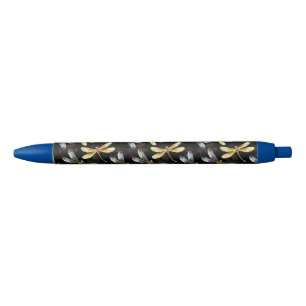 Stylo Noir Motif sans couture avec libellules d'or