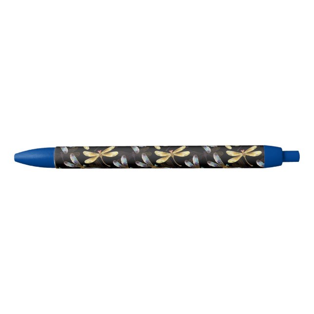 Stylo Noir Motif sans couture avec libellules d'or (Devant)