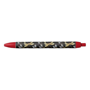 Stylo Noir Motif sans couture avec libellules d'or
