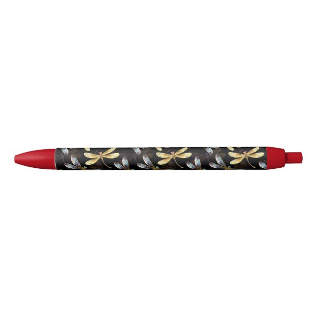 Stylo Noir Motif sans couture avec libellules d'or (Devant)