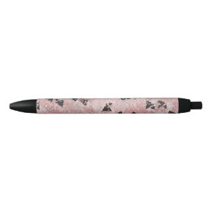 Stylo Noir Motif Triangles Rose Rouge Grosse Rose & Noir Doré
