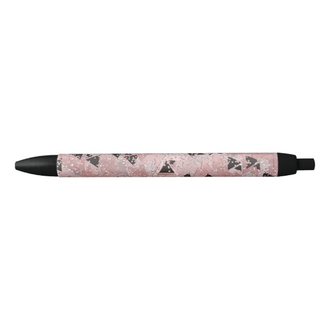 Stylo Noir Motif Triangles Rose Rouge Grosse Rose & Noir Doré (Devant)