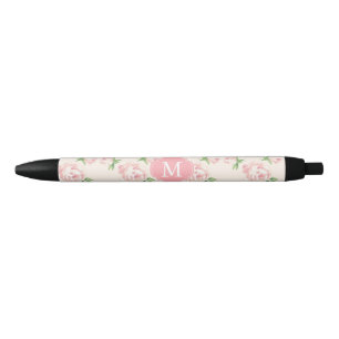 Stylo Noir Motif vintage rose de roses décoré d'un monogram
