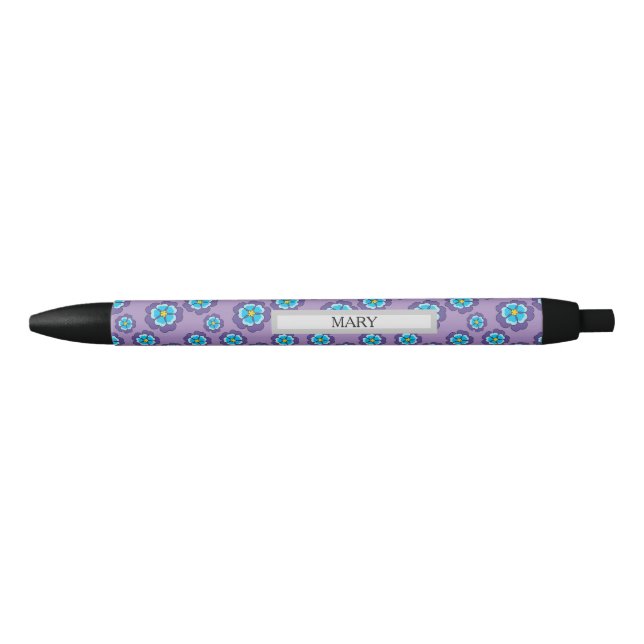 Stylo Noir Motif Violet Fleurs Bleues Personnaliser (Devant)