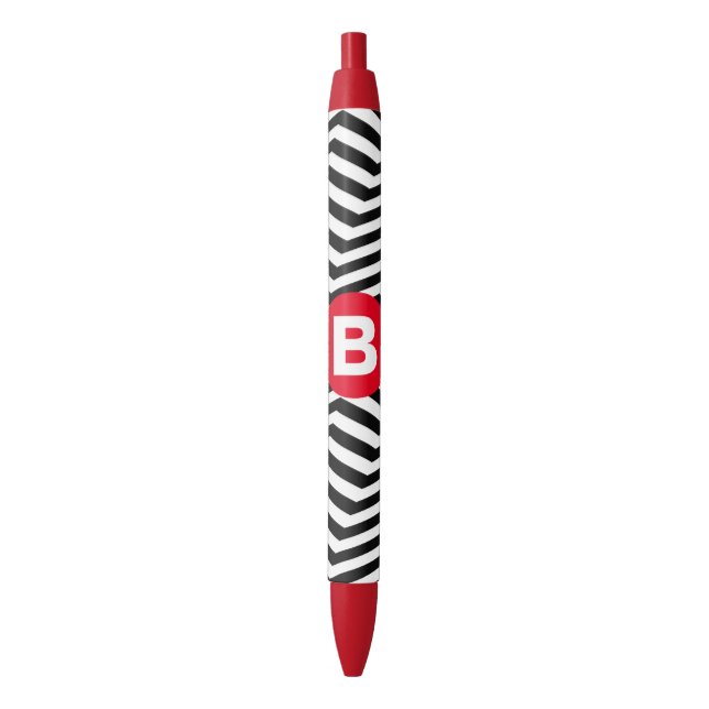 Stylo Noir Motif Zig Zag Noir et Blanc Monogramme Rouge (devant Vertical)