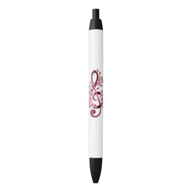 Stylo Noir Musical treble clef notes with sakura flowers (devant Vertical)