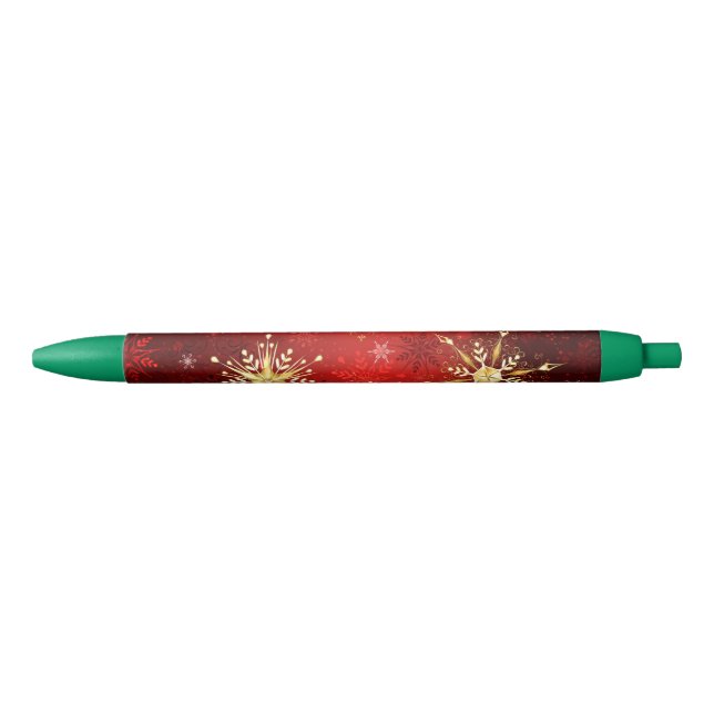 Stylo Noir Noël Golden Snowflakes sur Arrière - plan rouge (Devant)