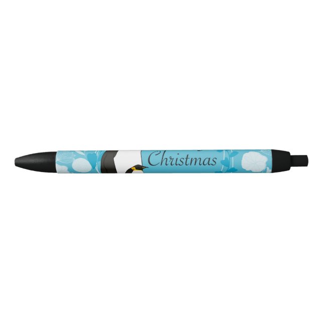 Stylo Noir noël, noël, pingouin, fleurs, bleu, (Devant)