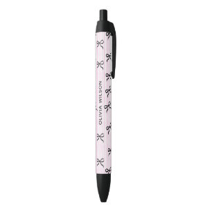 Stylo Noir Nœuds noirs élégants Monogramme rayures roses