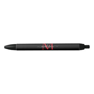 Stylo Noir Noir Bourgogne Rouge Monogramme Élégant Nom du scr