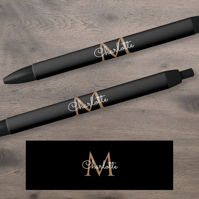 Stylo Noir Noir Monogramme Or élégant Script élégant (Black Gold Monogram Elegant Girly Script Pen)