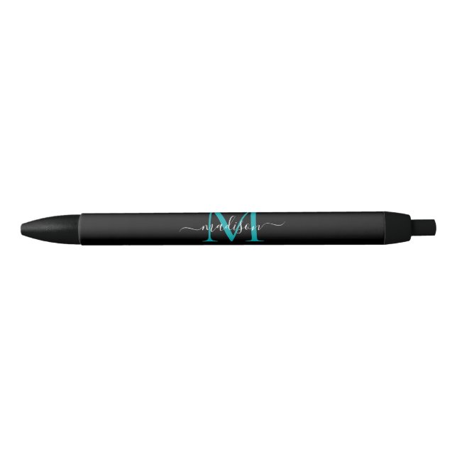 Stylo Noir Noir Turquoise Aqua Green Monogramme Élégant Nom d (Devant)