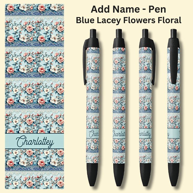 Stylo Noir Nom Blue Chinoiserie Lace Floral (Créateur téléchargé)