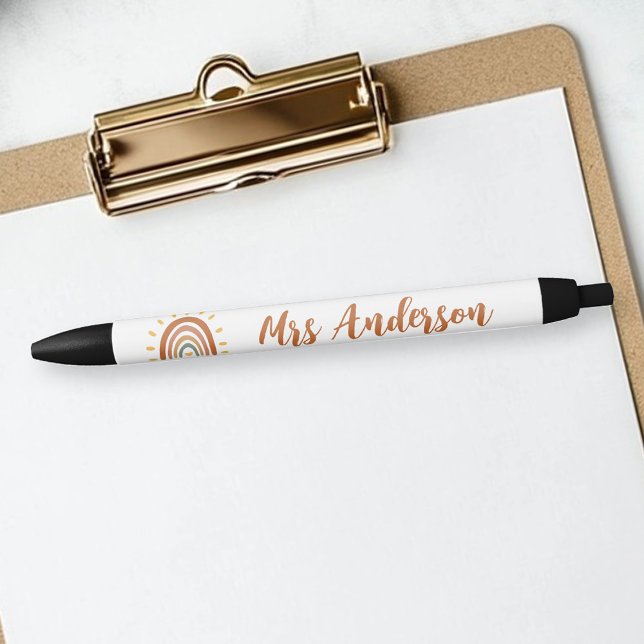 Stylo Noir Nom de l'enseignant personnalisé Grade Boho Rainbo (Créateur téléchargé)