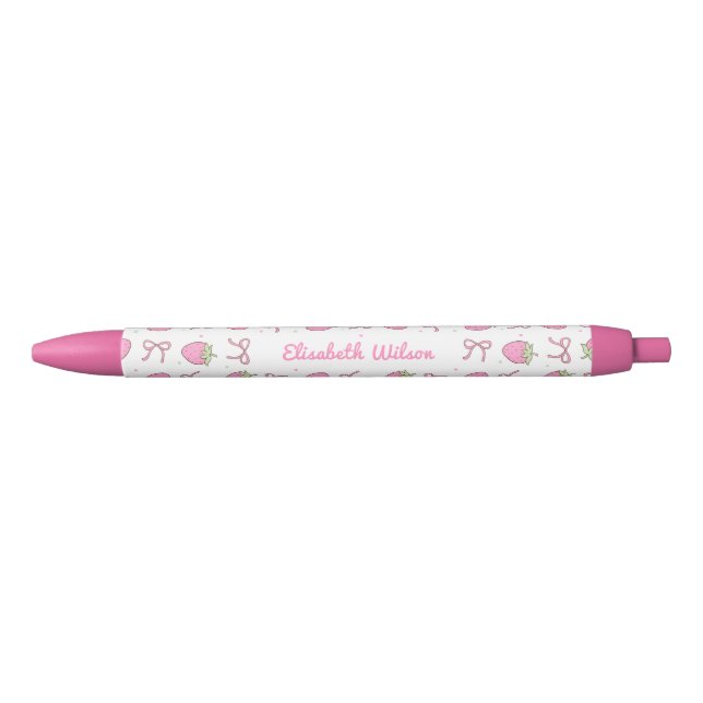Stylo Noir Nom de script de nœud de fraise coquette rose fémi (Devant)