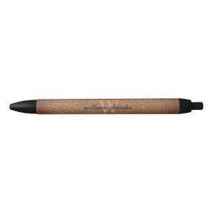 Stylo Noir Nom de script Monogramme Cuir marron rustique élég