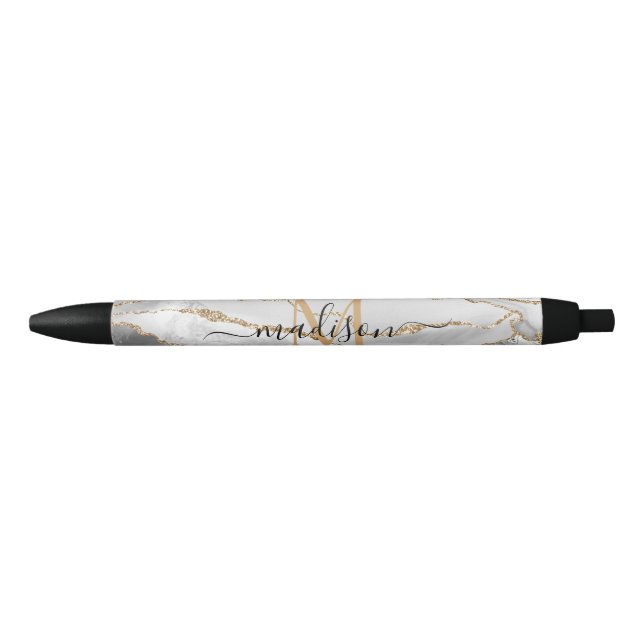 Stylo Noir Nom de script monogramme en agate pailletée or bla (Devant)
